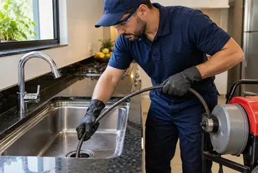 Profissional desentupindo uma pia em ambiente residencial.