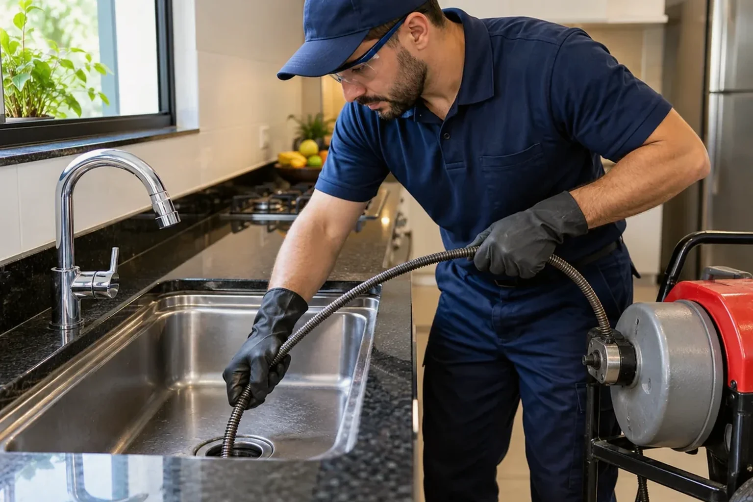 Profissional desentupindo uma pia em ambiente residencial.