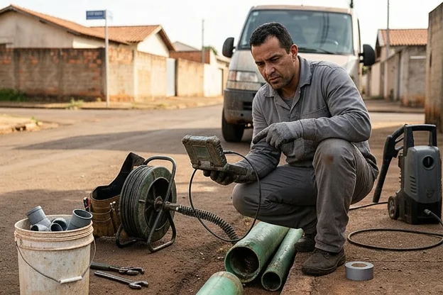 Profissional manutenindo tubulações em ambiente residencial.