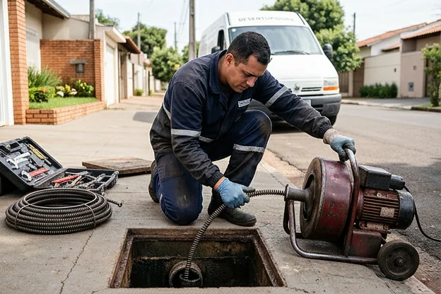 Técnico da desentupidora realizando atendimento a cliente.