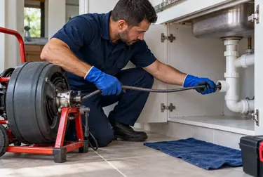 Técnico limpando uma caixa de gordura residencial.