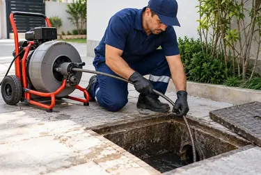 Trabalhador desentupindo um esgoto em área urbana.