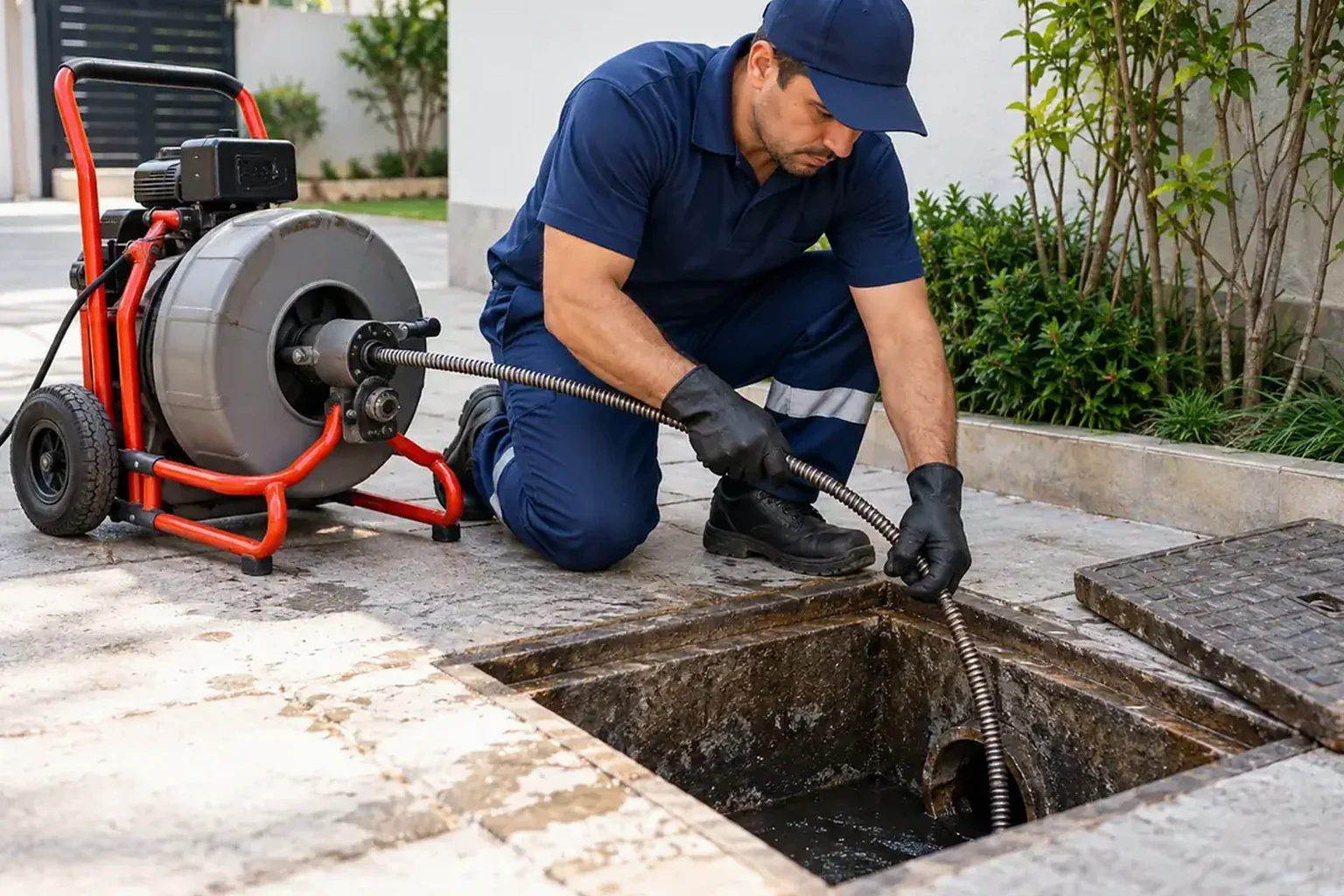 Trabalhador desentupindo um esgoto em área urbana.
